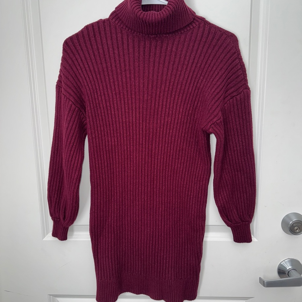 Burgundy Ribbed Turtleneck Sweater Dress